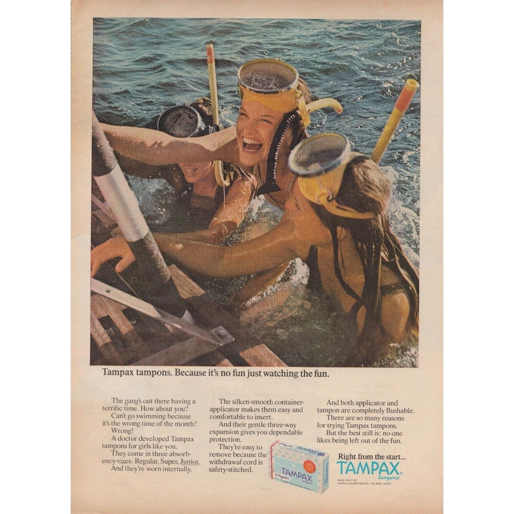 Tampax Tampons Snorkeling Women Original Vintage Magazine Print Ad 1971